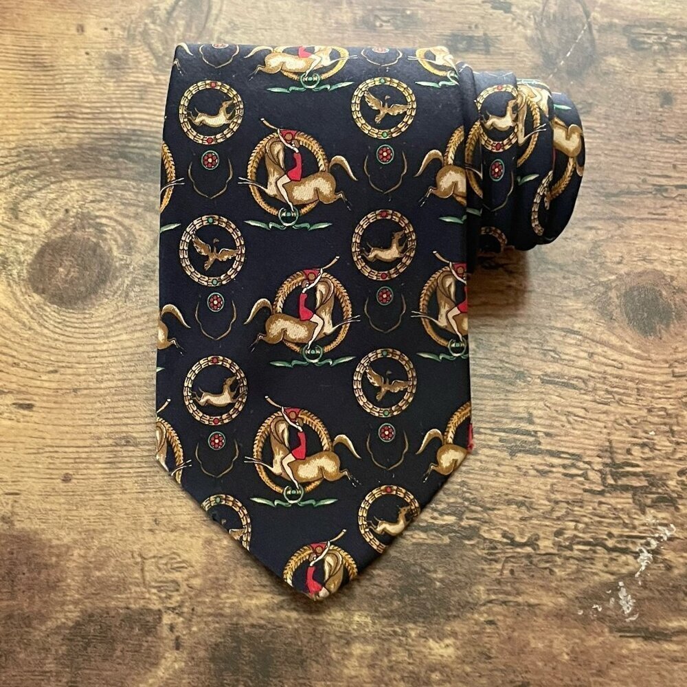 Vintage Salvatore Ferragamo Silk Tie Navy Blue Tan Red Heraldic Hunt Equestrian